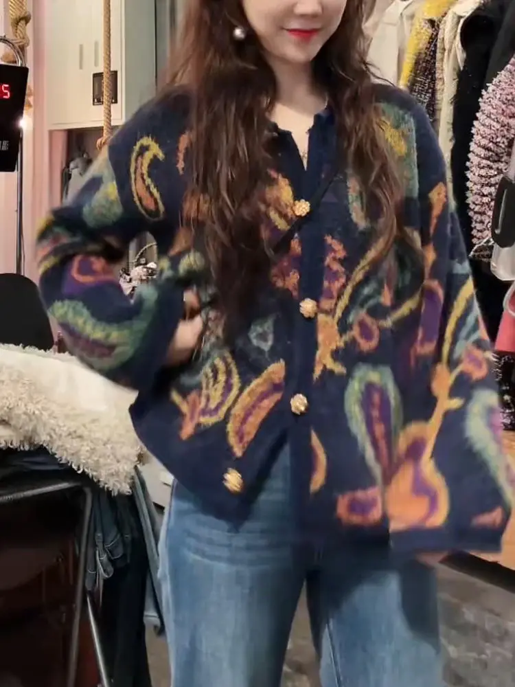 Ezgaga سترة مشغولة من الصوف المرأة خمر الزهور الخريف الشتاء س الرقبة فضفاضة موضة أنيقة سترة أبلى الإناث بلايز عادية