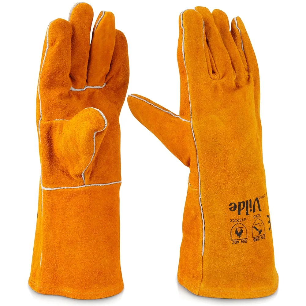 Grillbeschermende handschoenen van leer, set van 2 handschoenen voor grillen, bakken en koken. Biedt praktische bescherming voor de handen bij het hanteren van grillroosters en hete gerechten.