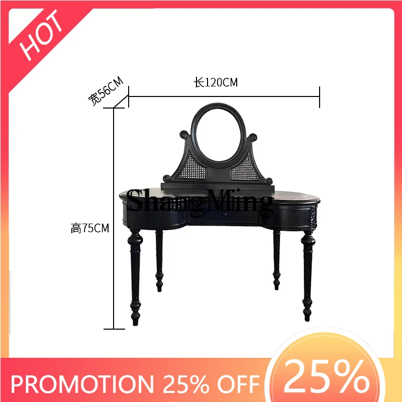 

ZYYbedroom furniture black carved makeup with mirror arc medieval retro solid wood dresser rattan