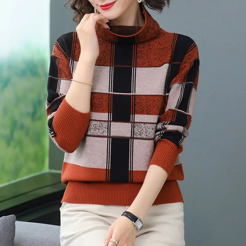 Fashion Simplicity Plaid Turtleneck Sweaters for Female Autumn Winter Commute Casual Long Sleeve Knitted Tops Women\'s Clothing