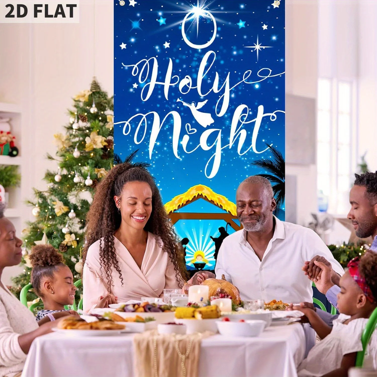 غطاء باب الليل المقدس لعيد الميلاد - لافتة مشهد المهد باللون الأزرق الداكن لمستلزمات حفلات عيد الميلاد مادة البوليستر مع طباعة واضحة