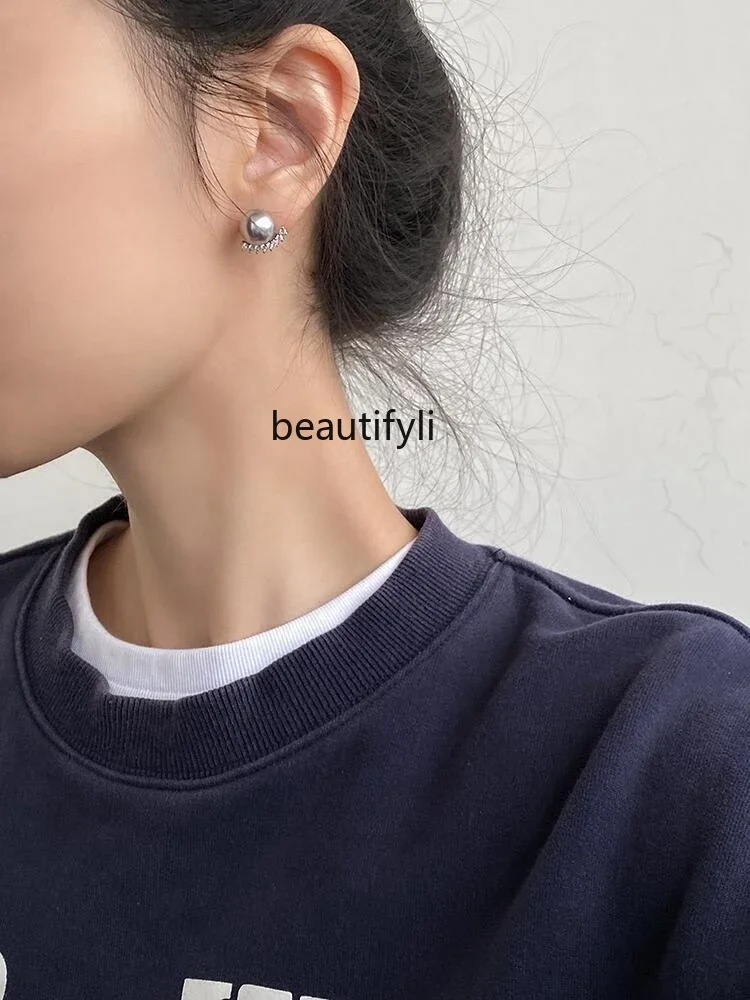 New 925 silver needle curved zircon pearl earrings light luxury French temperament stud earrings