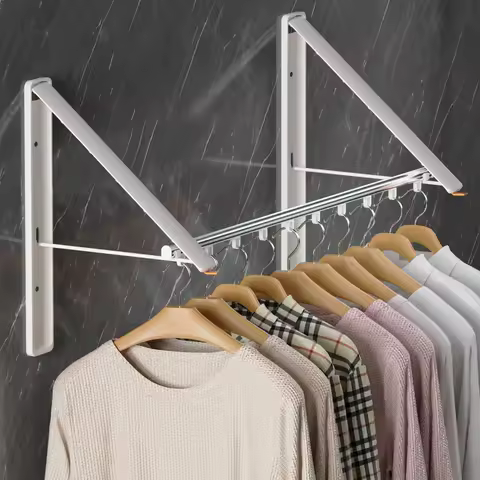 Clothes Drying Rack with Rod, WallMounted Retractable amp Foldable Clothes Hanger for Laundry Room Organization and Storage, Met