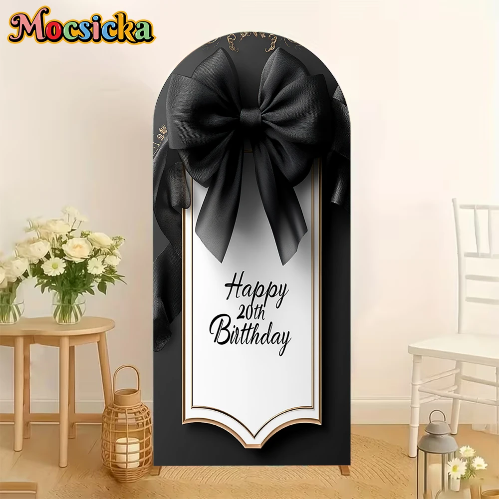 Mocsicka Happy 20th Birthday Arch Backdrops Double-Sided Black Bow Arched Background Covers Family Party Decors Studio Photozone