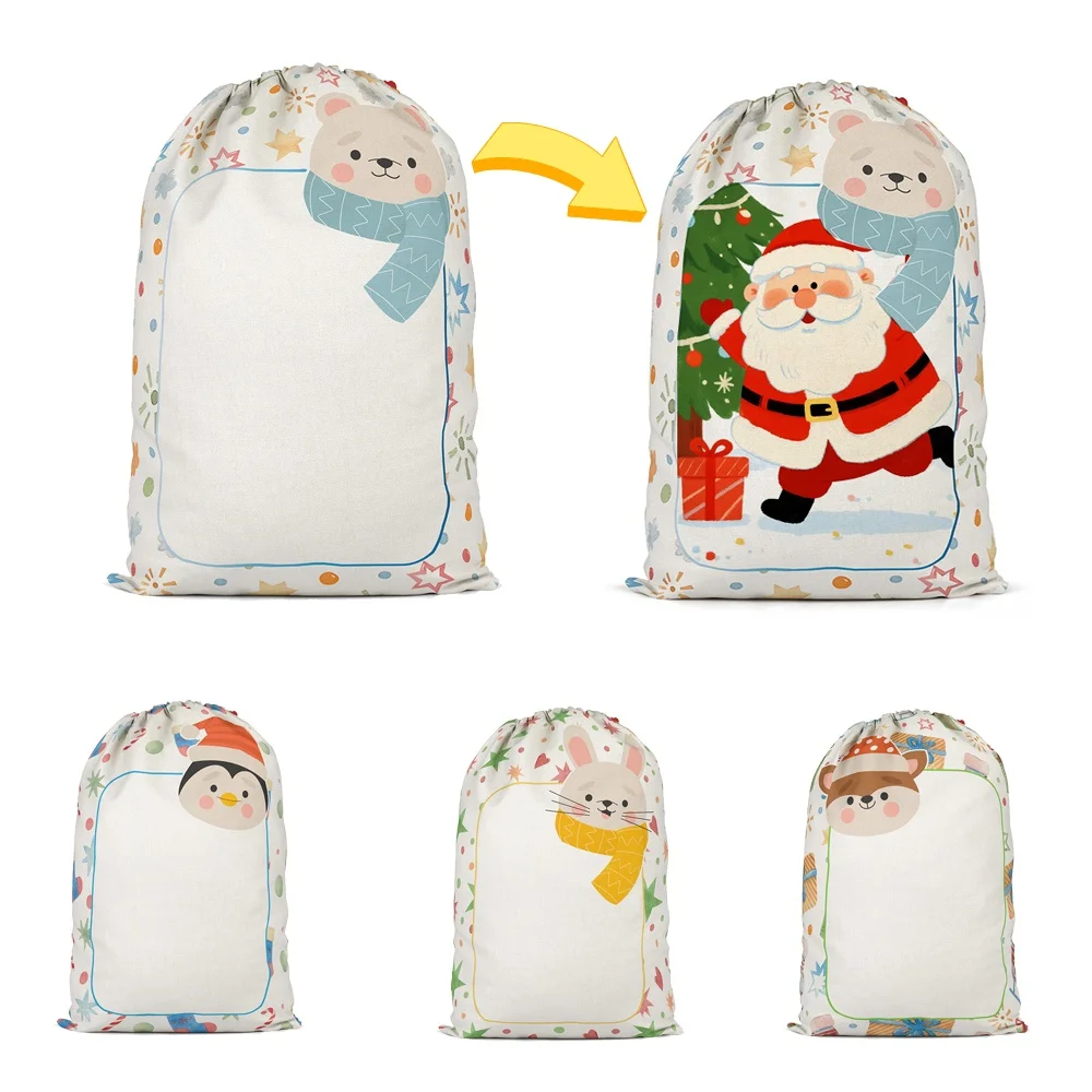Linen Sublimation Blank Drawstring Bag with Larger Capacity for DIY Christmas Halloween Candy Santa Sacks  Xmas Gift Bag
