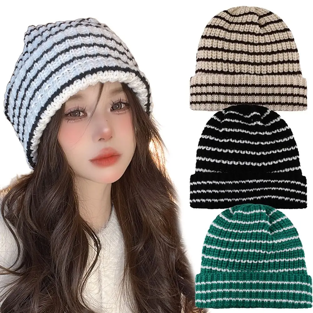 Cuffed Rollup Women Stripe Beanie Ins Little Devil Casual Japanese Beanie Hat Stretchy Warm Knitted Wool Cap Autumn Winter