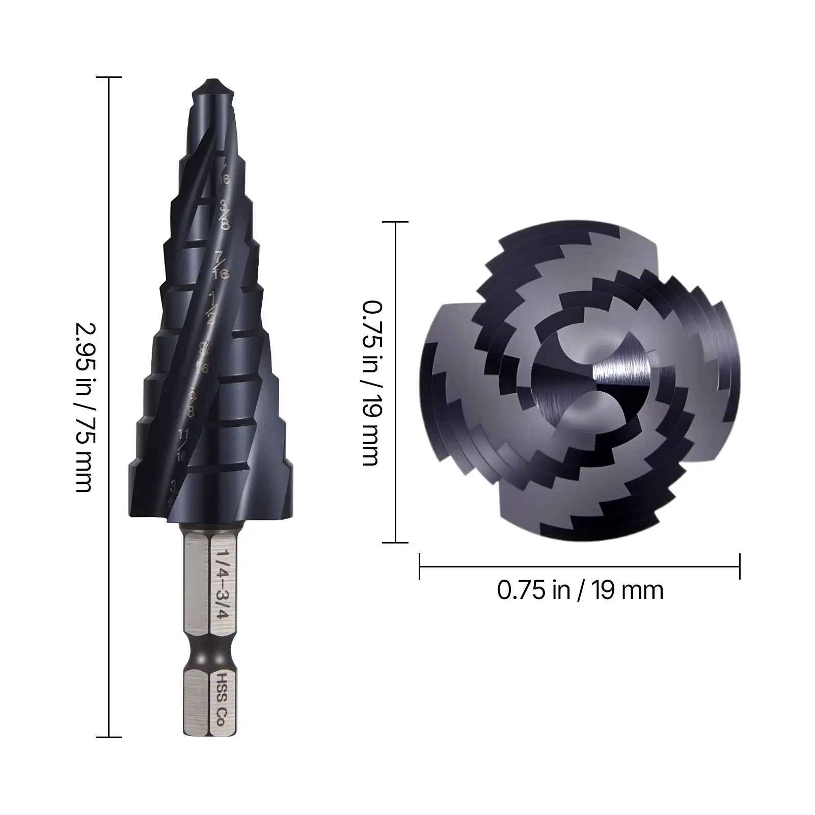 Step Drill Bit, 1/4 to 3/4 Inch, 1/4 Inch Hex Shank, TiAlN Coating Cobalt HSS High Speed Steel, Four Spiral Flute Step Bit for