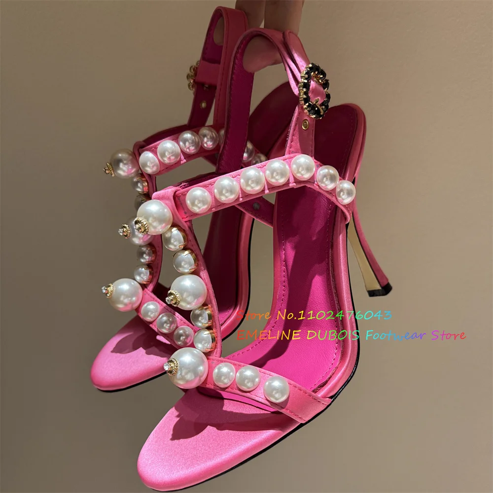 2025 New Round Head Pearl Decor High Heel Sandals Women Stiletto Heel Slingback Crystal Buckle Sexy Banquet Dress Shoes view 3