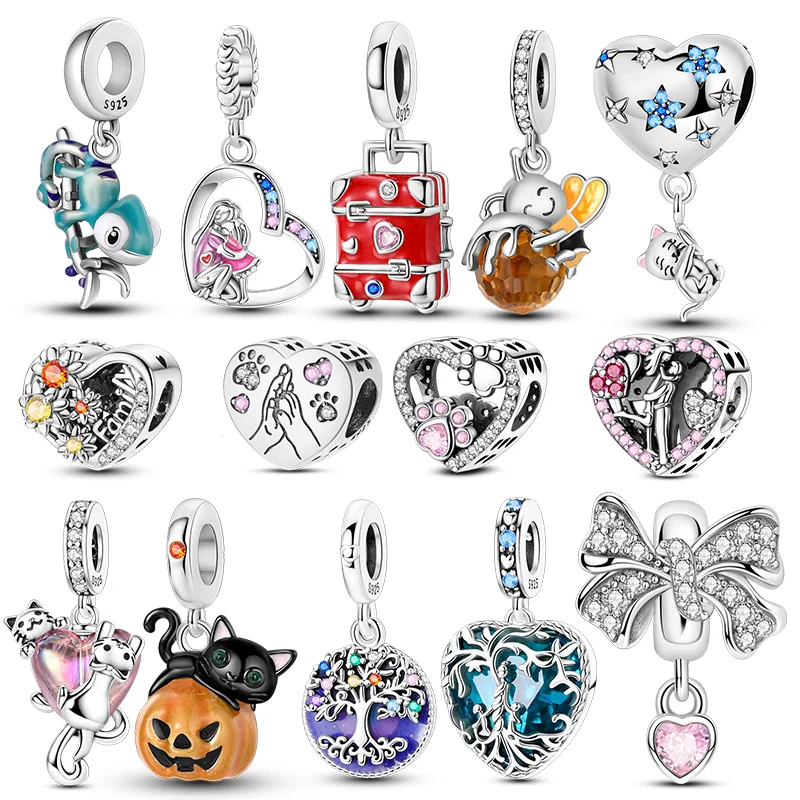 Original 925er Sterlingsilber, Schleife, Biene, Kürbis, Charms, Perlen, Chamäleon, Katze, baumelnd, für Damen, Original-Armreif