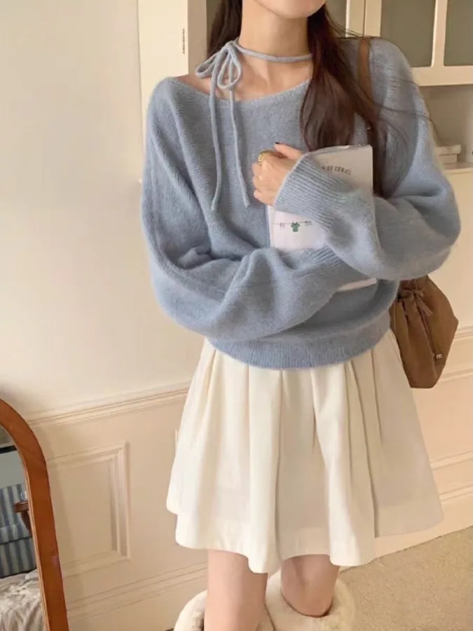 سترة محبوكة وردية فضفاضة بأكمام طويلة للنساء، تصميم جديد لخريف وشتاء على الطراز الكوري، أنيقة مع حزام، ناعمة ومريحة #5