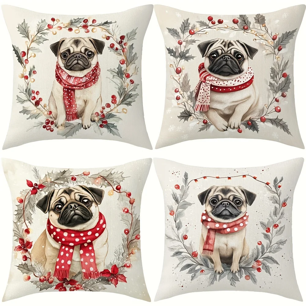 Christmas Pug Throw Pillow Covers Dog Lover Festive Xmas Decor Cushion 4 PCS Set 40x40cm Seasonal Gift for Puppy Fans