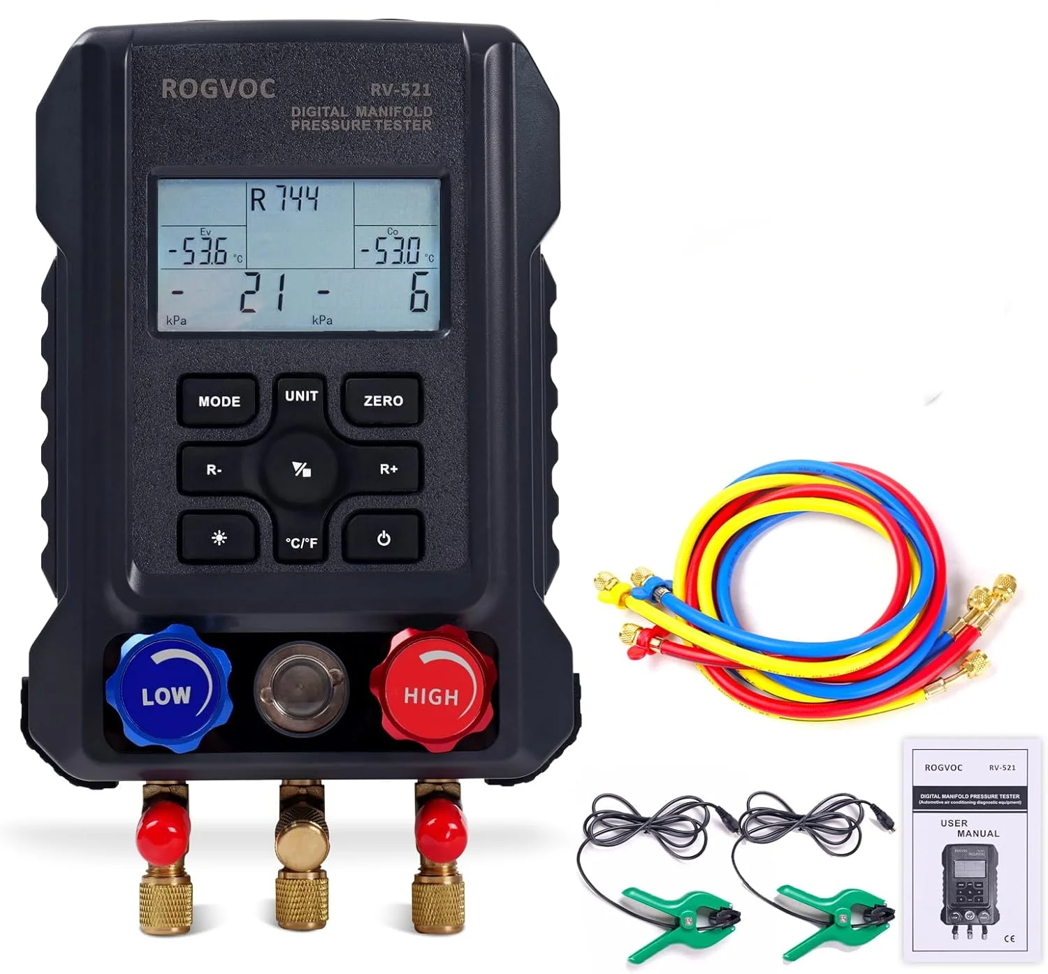 Digital Manifold Gauge HVAC Refrigerant Digital AC Gauge Set with 2 Thermometer Clamps for R22/R410A/R134A/1234YF Charging Kit