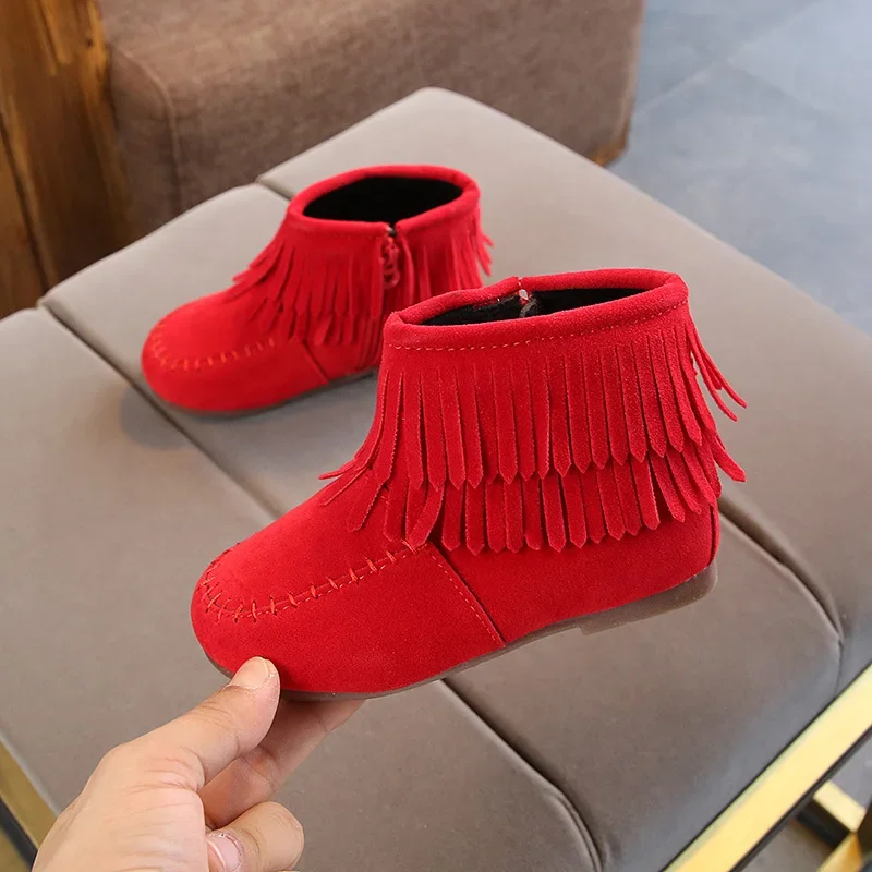 Fringes Girls Ankle Boots Princess Sweet Red Pink Black Flock Fabric Warm Rubber Boots For Toddler Kids Cotton-padded Tassels