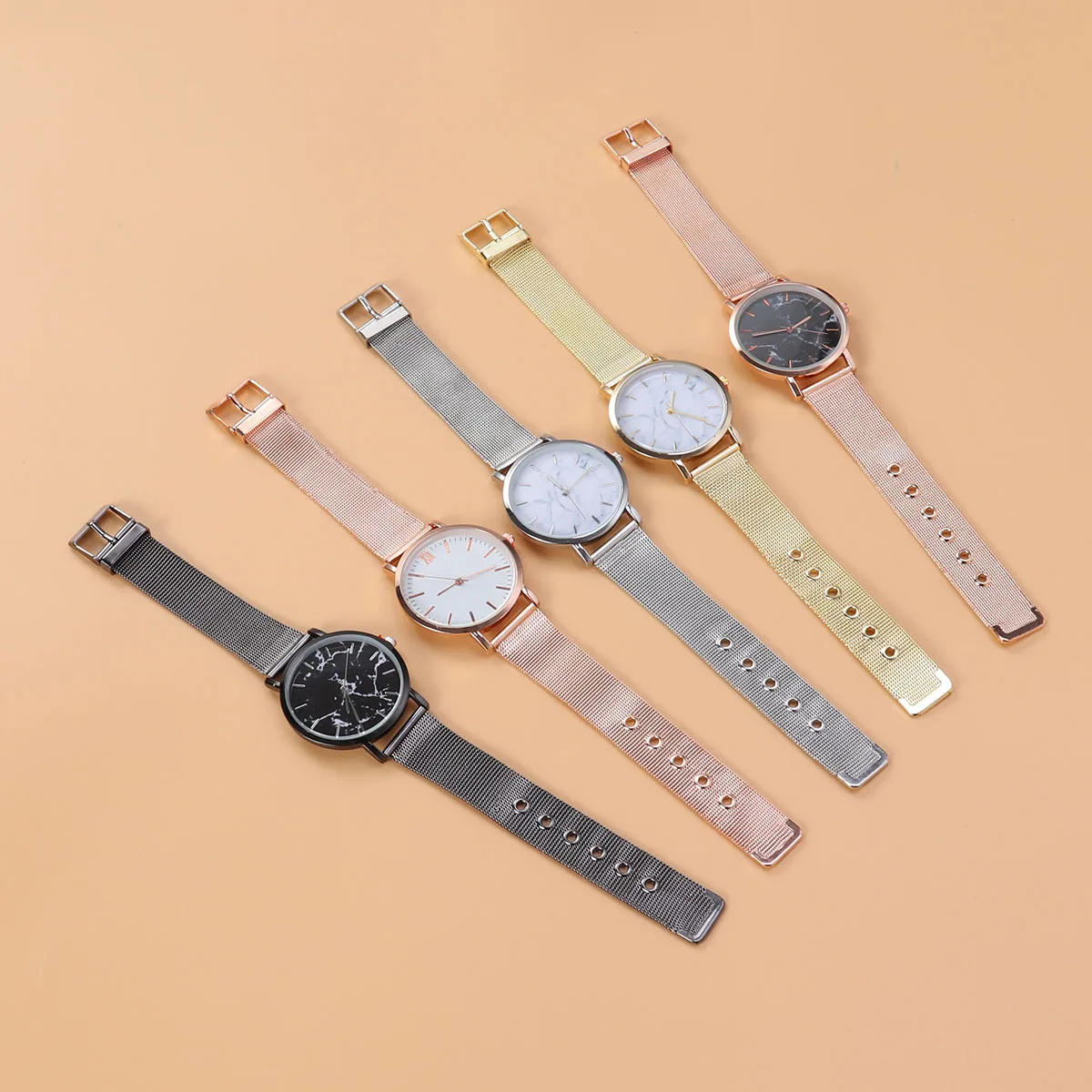 

Marble Quartz Watch Golden Alloy Mesh Band Fashion Elegant Casual Wristwatch Minimalist Design for Women Mesh Belt Watch