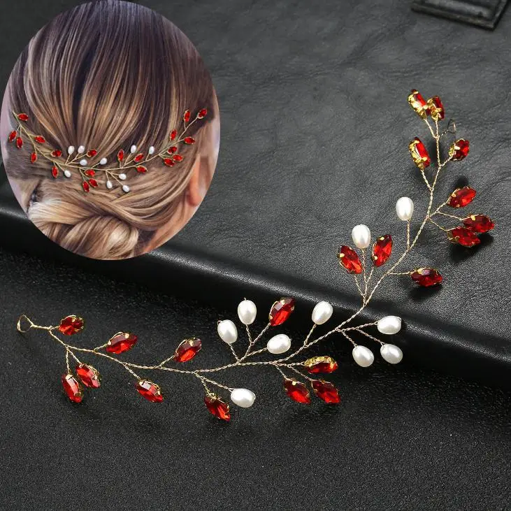 Cristal Headpiece Nupcial para Mulheres, Handmade Hairpins, Pente De Cabelo, Noiva Coroa, Festa De Casamento, Acessórios De Cabelo, Vermelho, Luxo