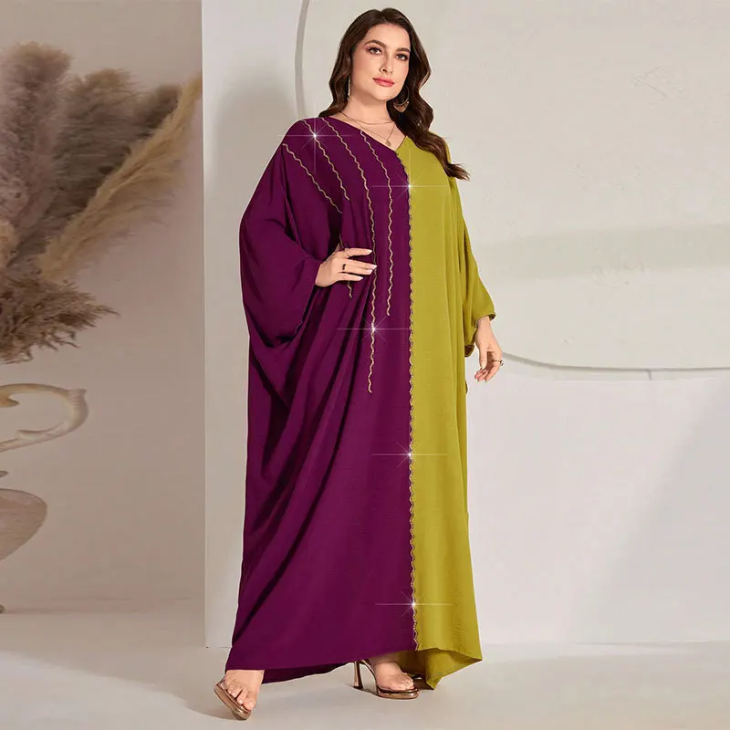 

KYP871abaya Arabic clothing plus size dress, color blocked collage diamond dress