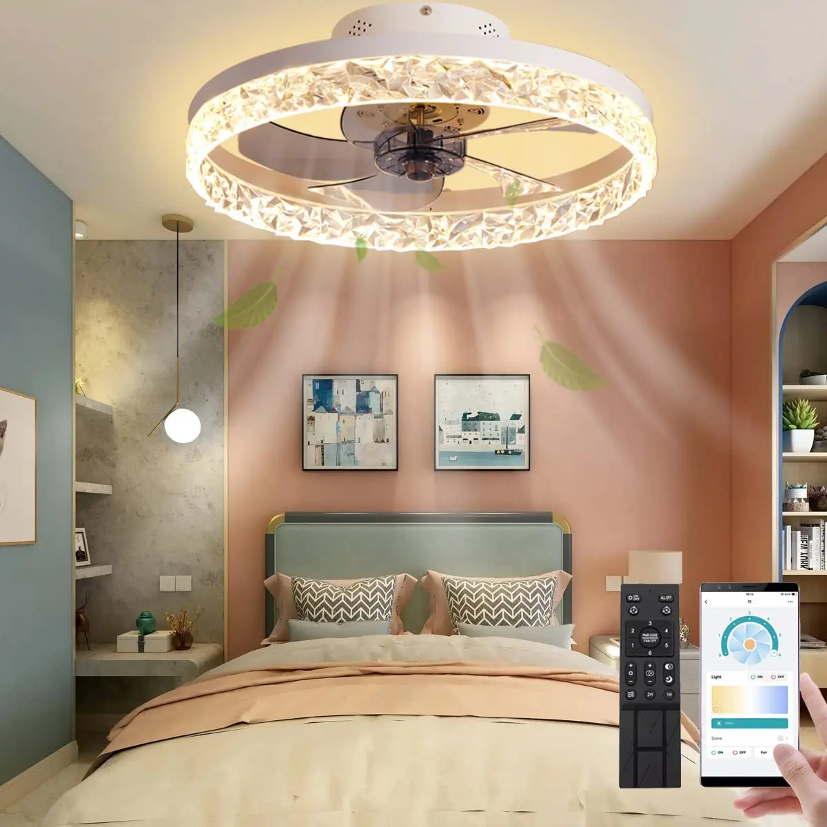 

Modern Dimmable Smart Ceiling Fan with Lights Remote APP Control Flush Mount Bladeless Ceiling Fan for Bedroom Living Room