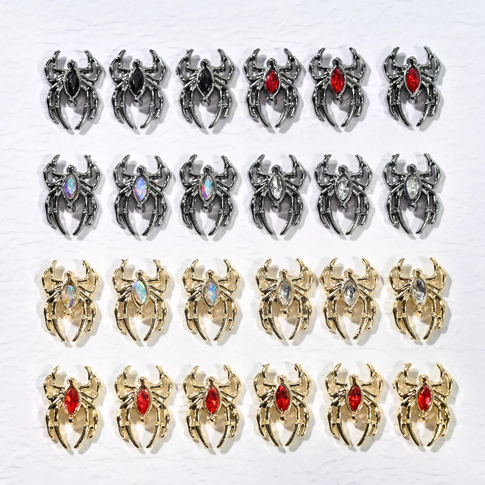 10pcs Gothic Punk Alloy Halloween Spider Nail Charms 3D Spider Crystal Rhinestone Gems Luxury Jewelry Halloween Nail Decoration