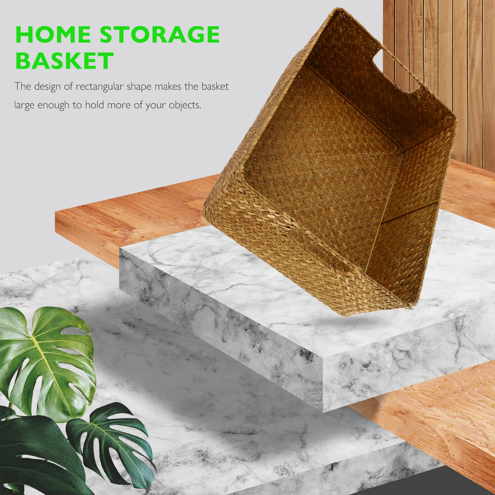 

1pc Seaweed Woven Storage Basket Rectangular Handmade Multifunctional Organizer For Home Bedroom Bathroom Candy Tea Coffee