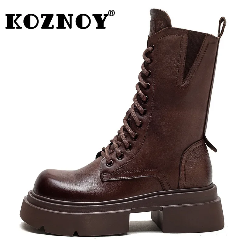 Koznoy 6cm Retro naturalna skóra oryginalna brytyjskie botki motocyklowe wiosna etniczna kobieta platforma klinowa rzymskie jesienne buty