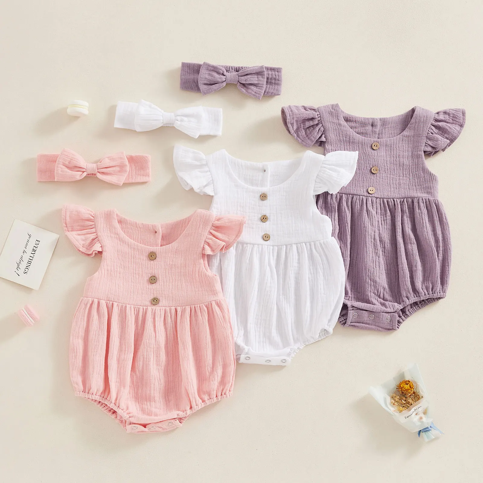 

Baby Girl Summer Outfits Round Neck Fly Sleeve Solid Color Romper + 3D Bow Headband Infant Toddler 2 Piece Set