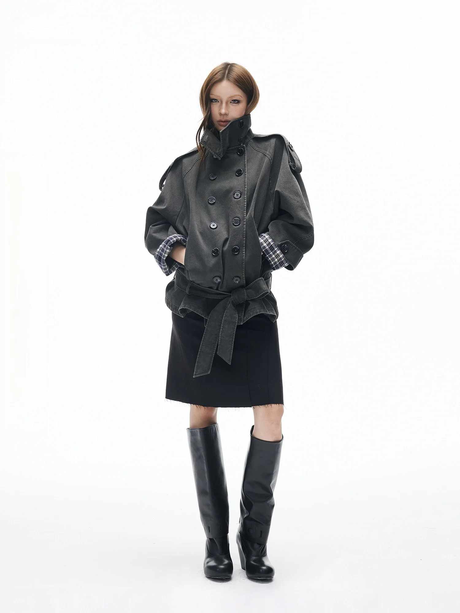 

Iamxiaa 00% Cotton Vintage Waed Loose Fit Double Breasted irt Collar ort Sle Plaid Sve Cuffs een ey Windbreaker