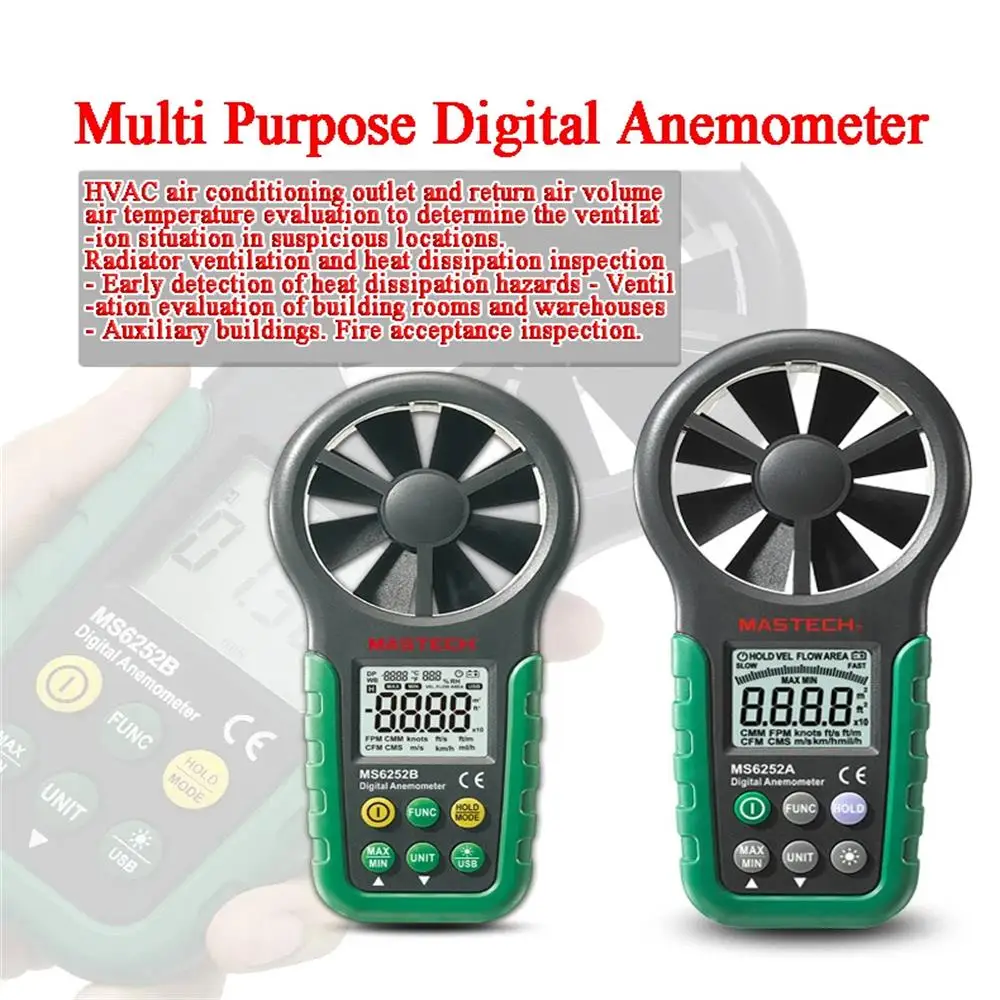 

MASTECH MS6252A MS6252B Digital Anemometer with USB Interface Wind Speed Meter Air Volume Ambient Temperature Humidity Tester