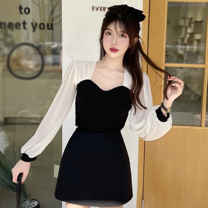 Spring Autumn T Shirt for Women Square Neck Puff Sleeves Long Sleeves Blouse Chic Casual Tops