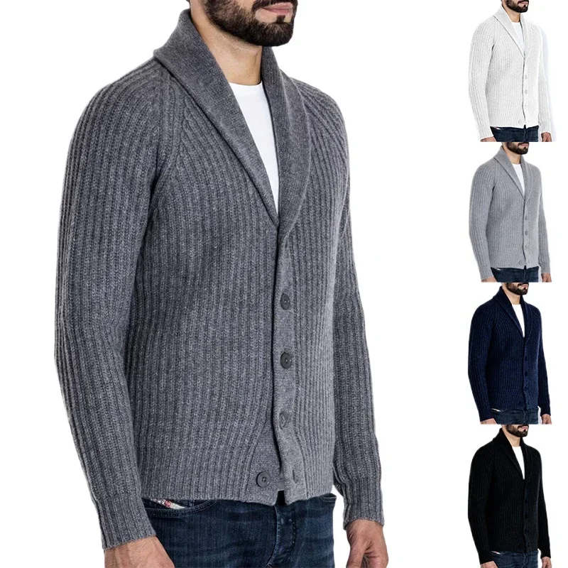 Autumn and Winter Single-breasted Lapel Solid Color Knitted Sweater Long-sleeved Button Men's Sweater Jacket