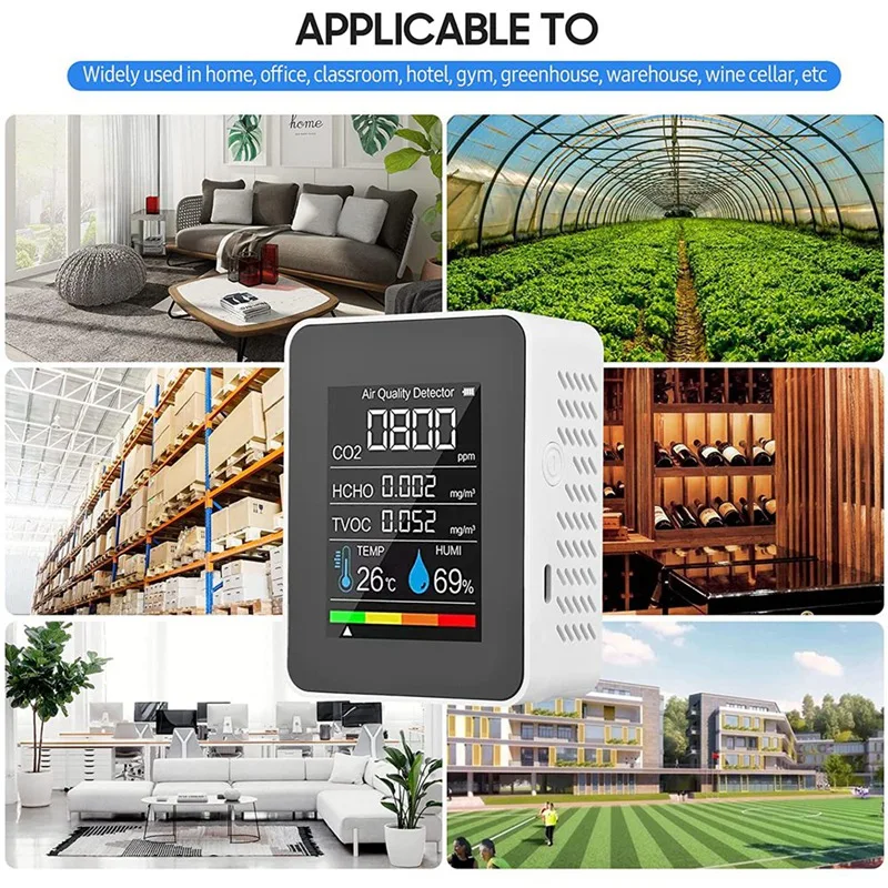ABSF 5 In 1 Air Quality Monitor TVOC HCHO Temperature Humidity CO2 Meter, USB Rechargeable CO2 Detector image 5