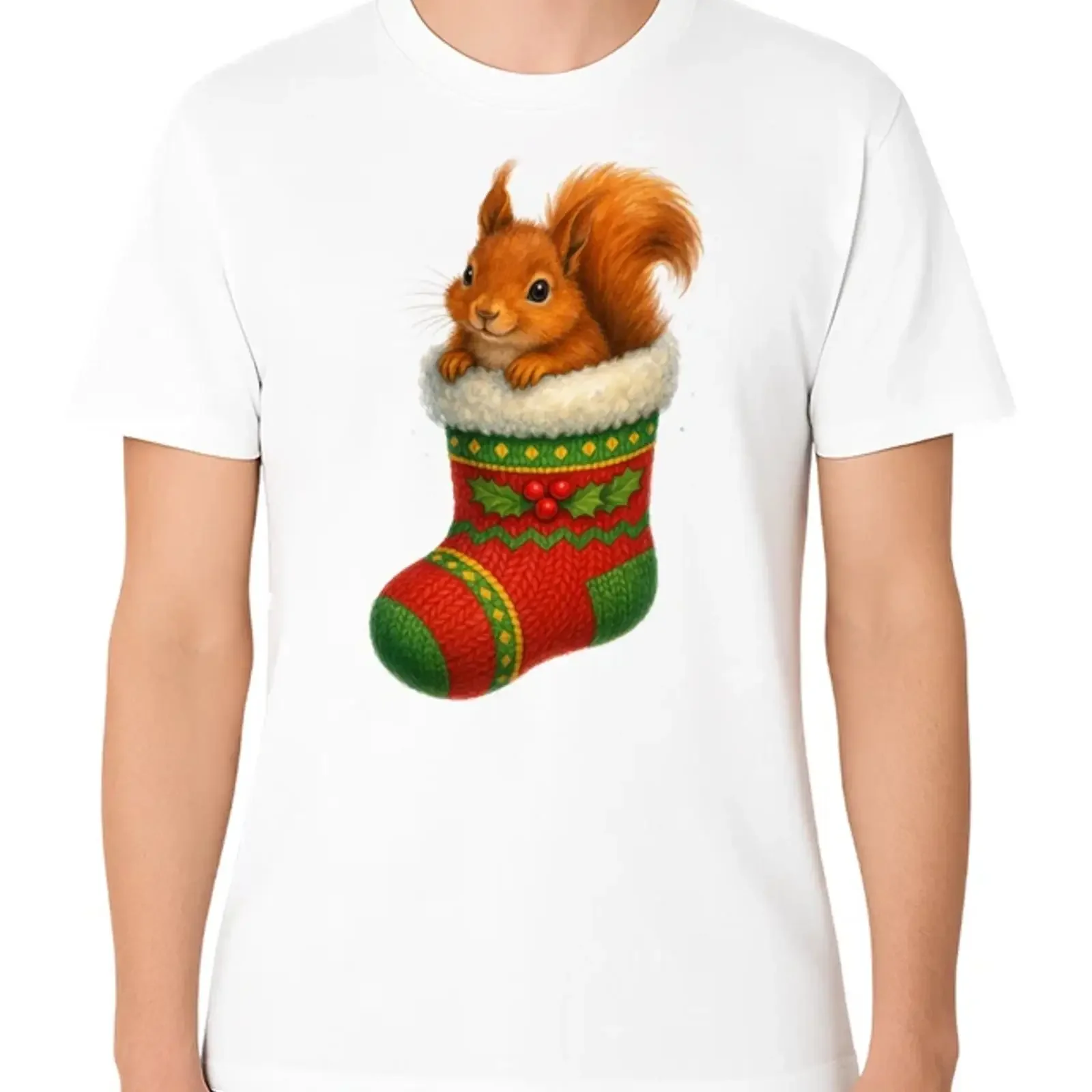 Squirrel Stocking T Shirt Merry Xmas  Top Christmas vintage Washed Versatile Unisex Soft Slightly streetwear homme