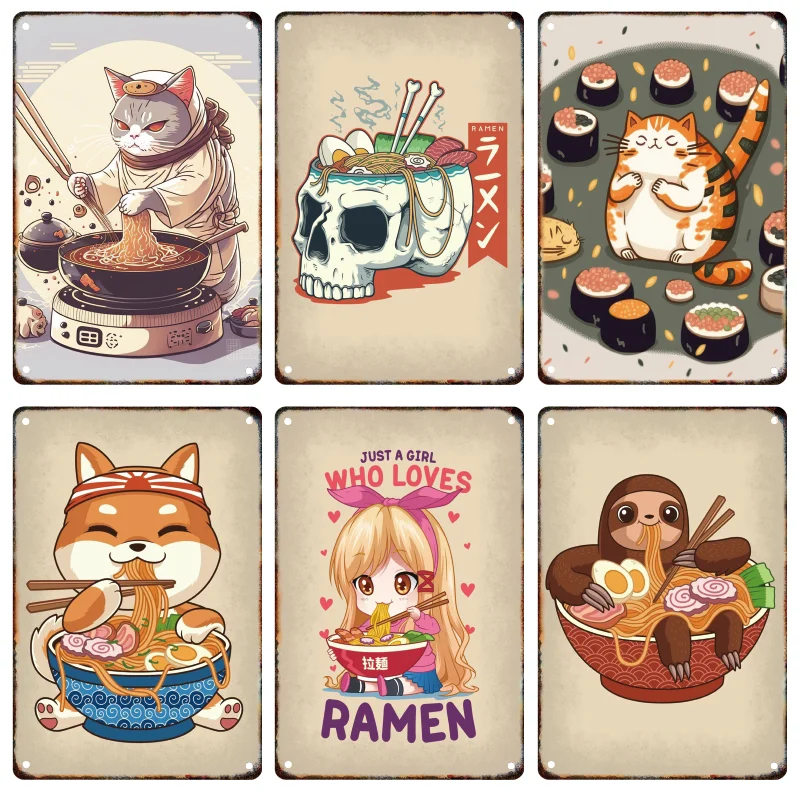 Japanese Anime Ramen Metal Signage Tin Painting Cute Panda Animal Retro Poster Home Living Children\'s Room Wall Art Decor Mural