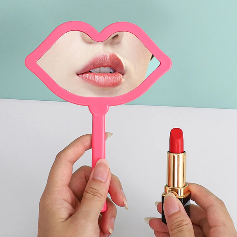 1pc Lip Shaped Makeup Mirror With Handle Hand Handheld Salon Compact Mirrors Cosmetic Mirror For Women