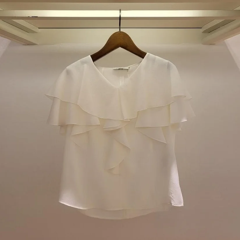 

Ele Pleated V-Ne Commuter Sweet Versatile Slimming Top Korean Sle Summer Casual Color irt without Sves