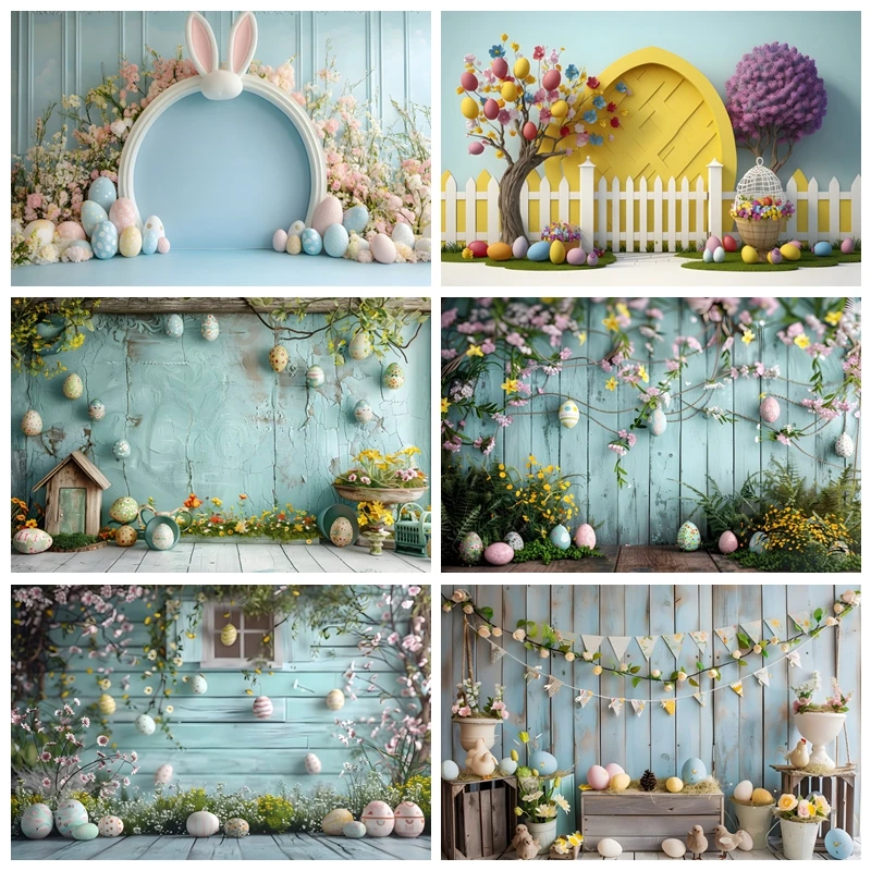 Happy Easter Day Backdrop Brick Wall Wood Board Spring Flower Rabbit Easter Eggs Bunny Kids Portrait Photography Background Prop