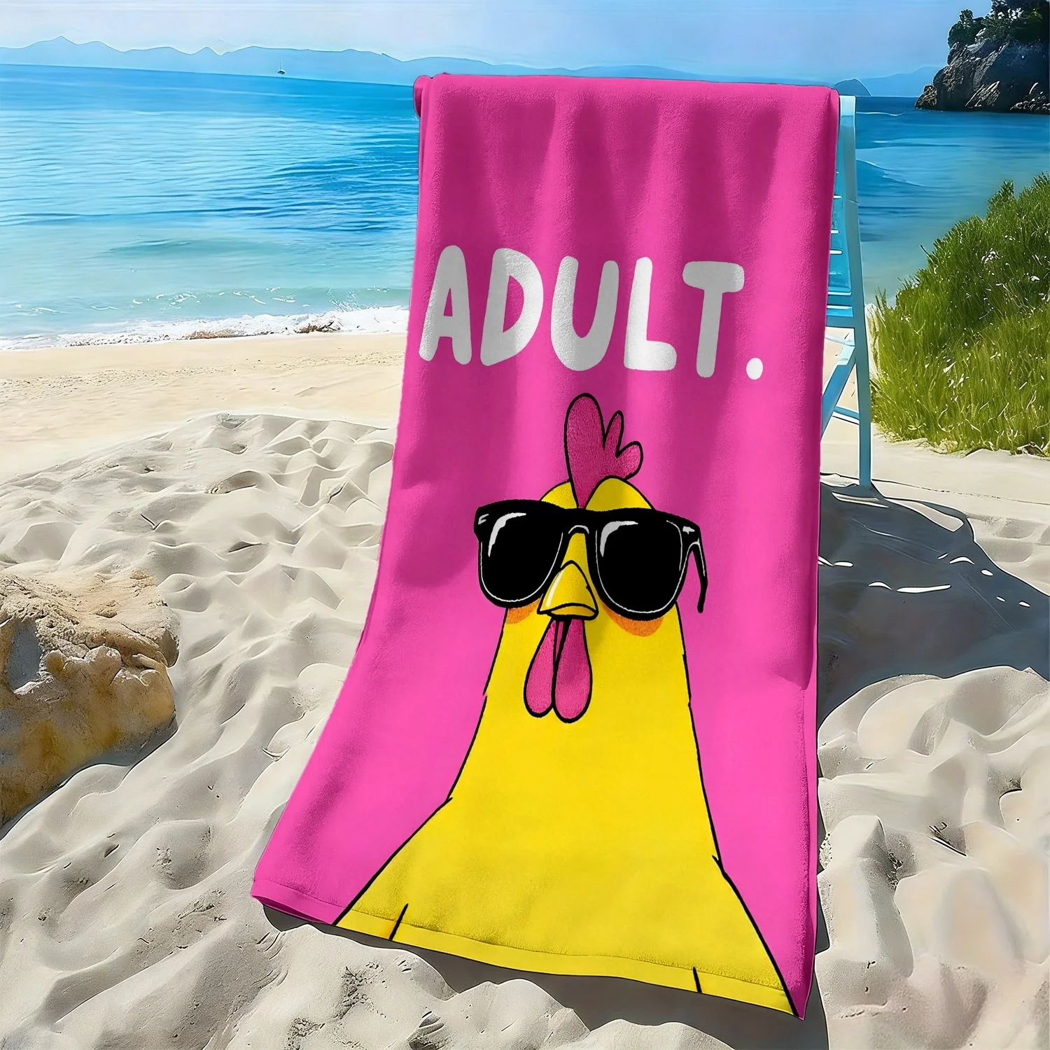 Funny little chicken sunglasses pattern polyester microfiber beach towel is highly absorbent, suitable swimming beach outings