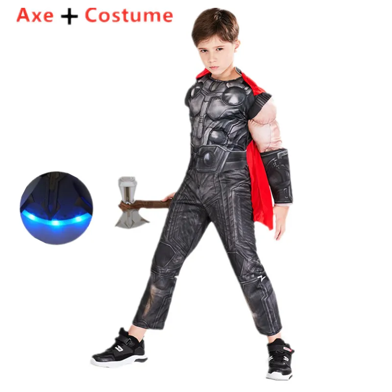 Thor Muscle Costume Kids Toy Light Up Axe Halloween Cosplay Costume Movie Character Superhero Fantasy Carnival Jumpsuit