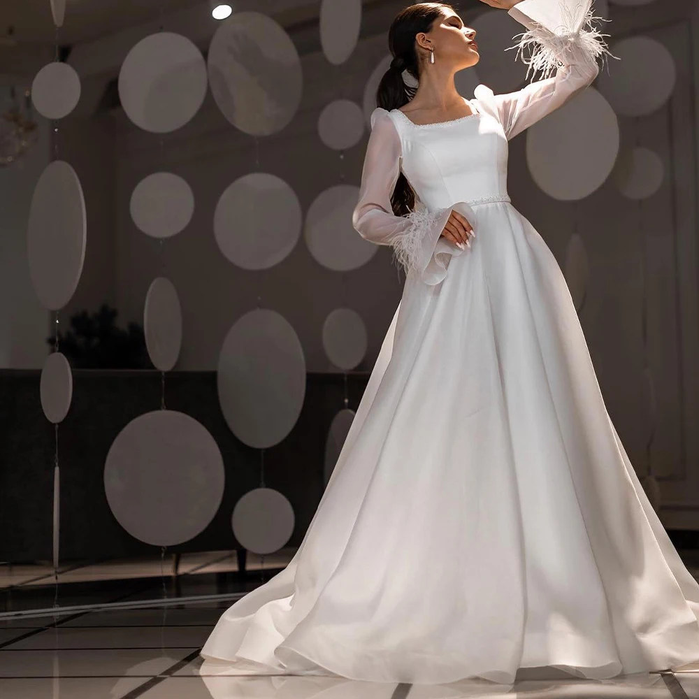 

Elegant Wedding Dresses Square Illusion Flare Sleeve A-Line Bride Dress Feathers Organza Bridal Gown Customized robe de mariée