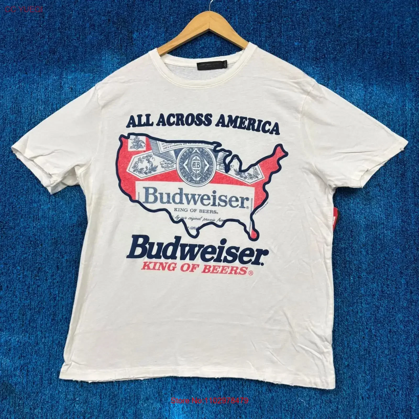 Camiseta Budweiser King Of Beer Blanca Talla Grande Vintage Lavada Transpirable a la Moda Informal para Uso Diario con Gráfico Ligeramente Estampado