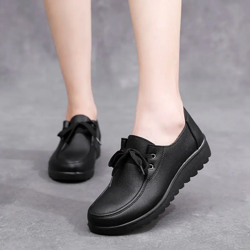 Spring Autumn Women Sneakers Lace-up Casual Shoes Black Leather Flats Commuter Shoes Daily Soft Sole Loafers Leisure Thin Shoes