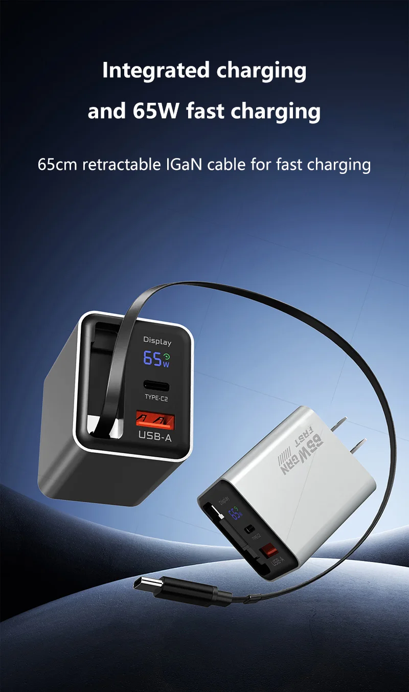 65W Digital-Display-Ladegerät, Multi-Port-Ladeadapter, US- und UK-Stecker, einziehbares Kabel, GaN-Schnellladegerät für Apple-Geräte – Detail 1