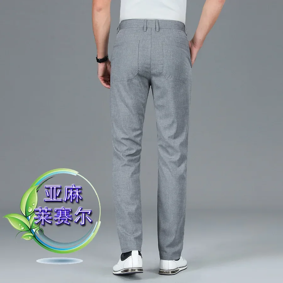 Summer Thin Soft Lyocell Breathable Linen Fabric Suit Pants Men Straight Business Elegant Long Formal Trouser Y2k Men Clothing