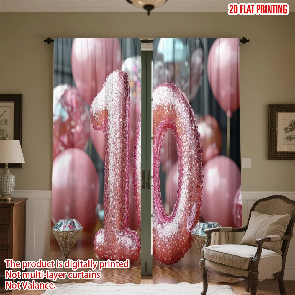 

2D flat printing 2pcs Scene Curtain Birthday Celebration Pink Balloons Digital Printed Polyester Drapes Party Decorations Use