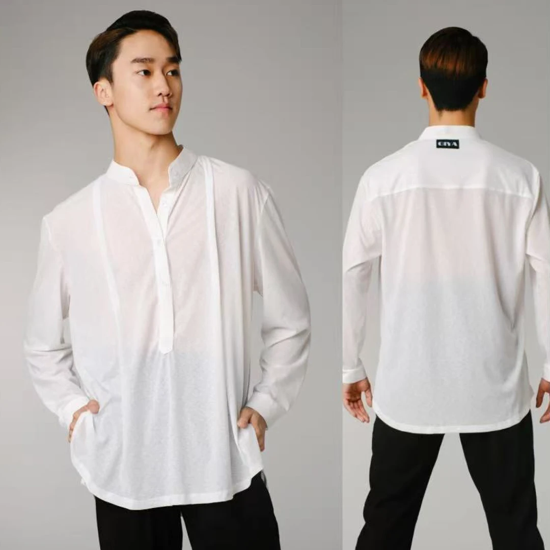 

Мужская одежда для латинских танцев, свободные белые топы с длинными рукавами, тренировочная одежда, костюм для выступлений в стиле румба, ча-ча, сальса, DNV25015