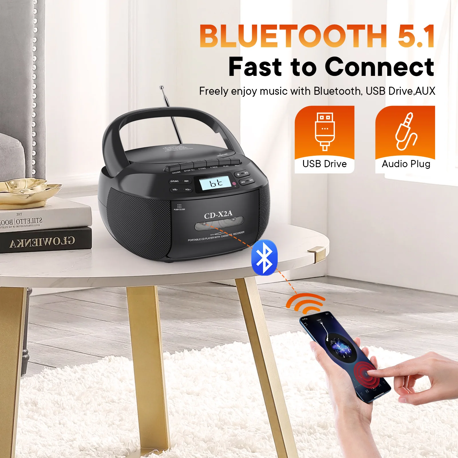 เครื่องเล่นคอมโบพร้อมลำโพง BT5.1 AM วิทยุ FM เทปแตรคู่สำหรับบันทึก AUX/USB ไดรฟ์ใช้ไฟ AC/DC พร้อมหน้าจอ LCD