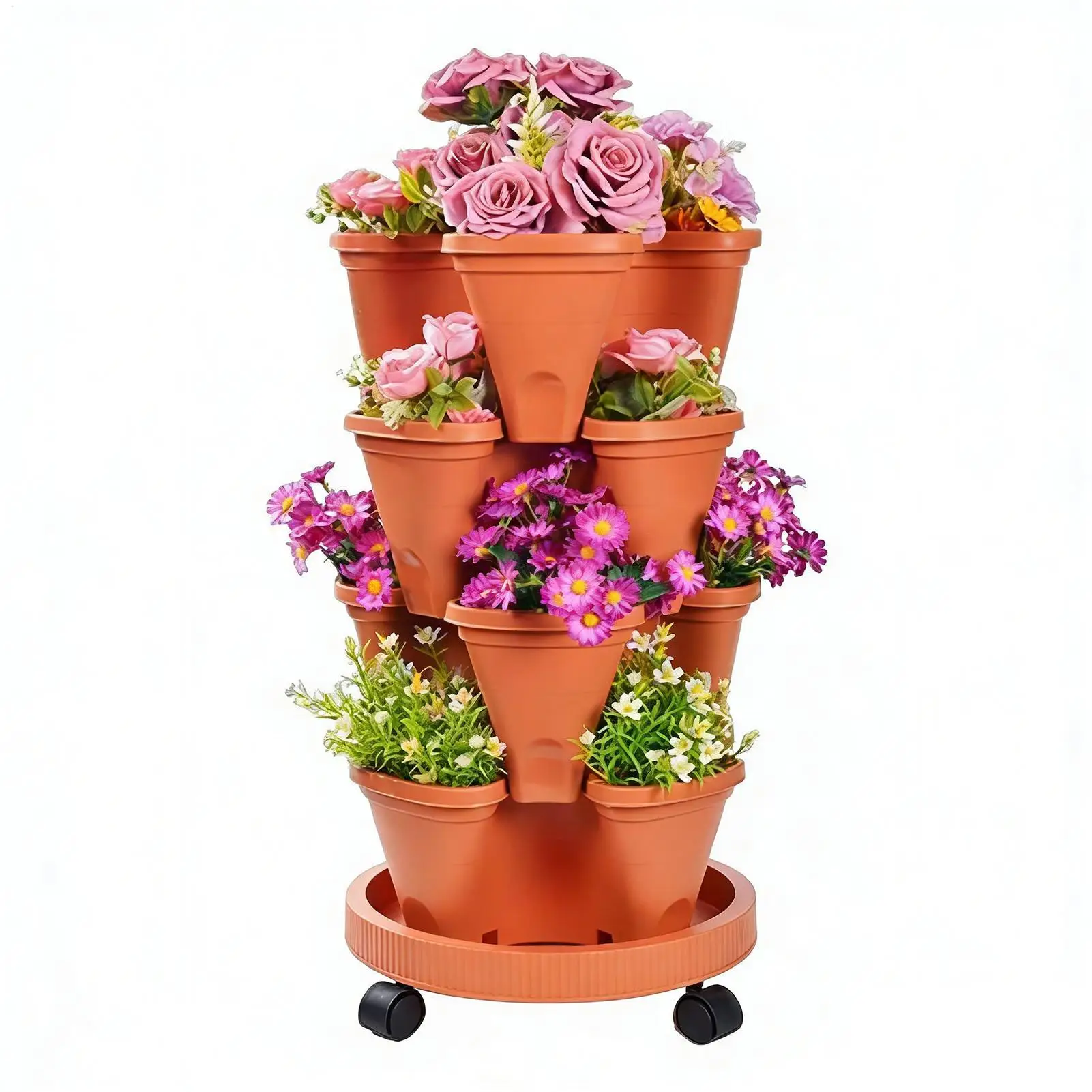 New Vertical Tower Stackable FlowerPot Plastic with Movable Casters Flower Pot Multi-layer Strawberry Planter Tower Home Garden