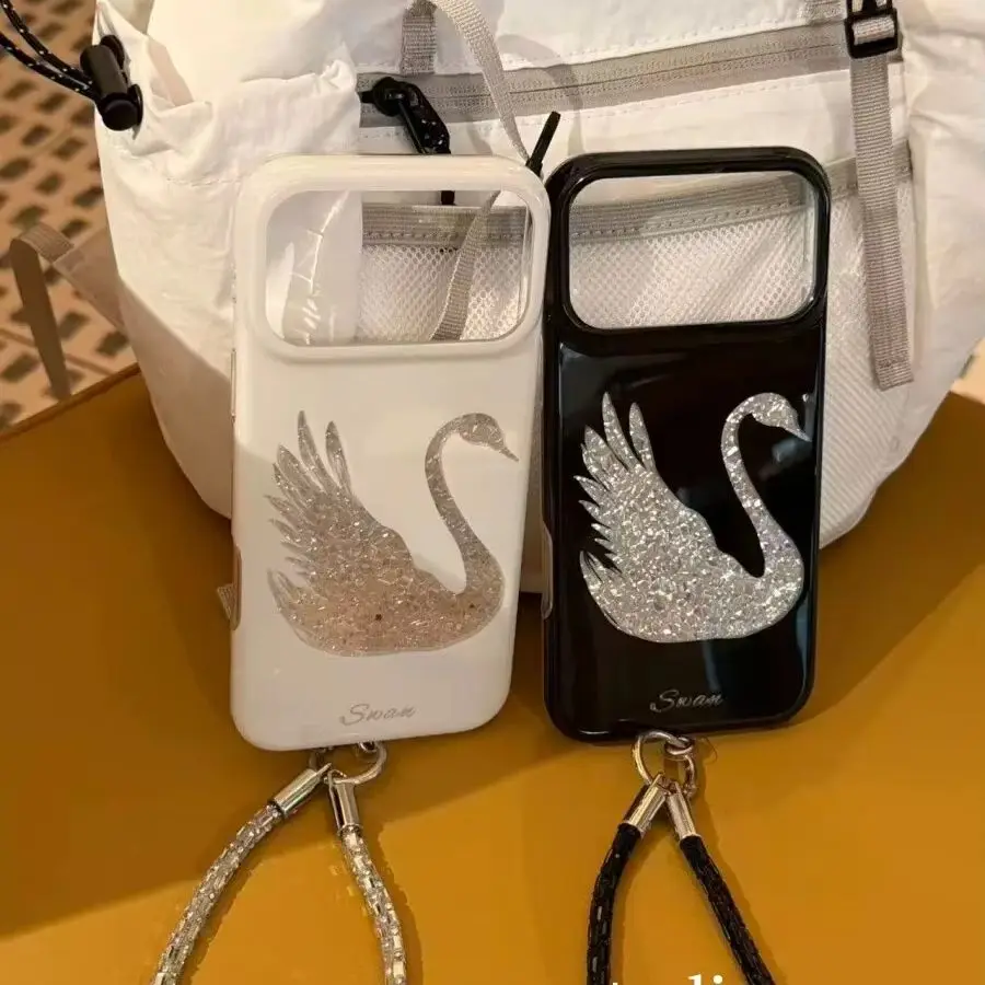 Coque de téléphone iPhone Ultra 18 17 Air 16 15 14 13 12 11 Pro 16 Plus Mini Y2K, motif cygne noir et blanc, paillettes diamant, style coréen Ins