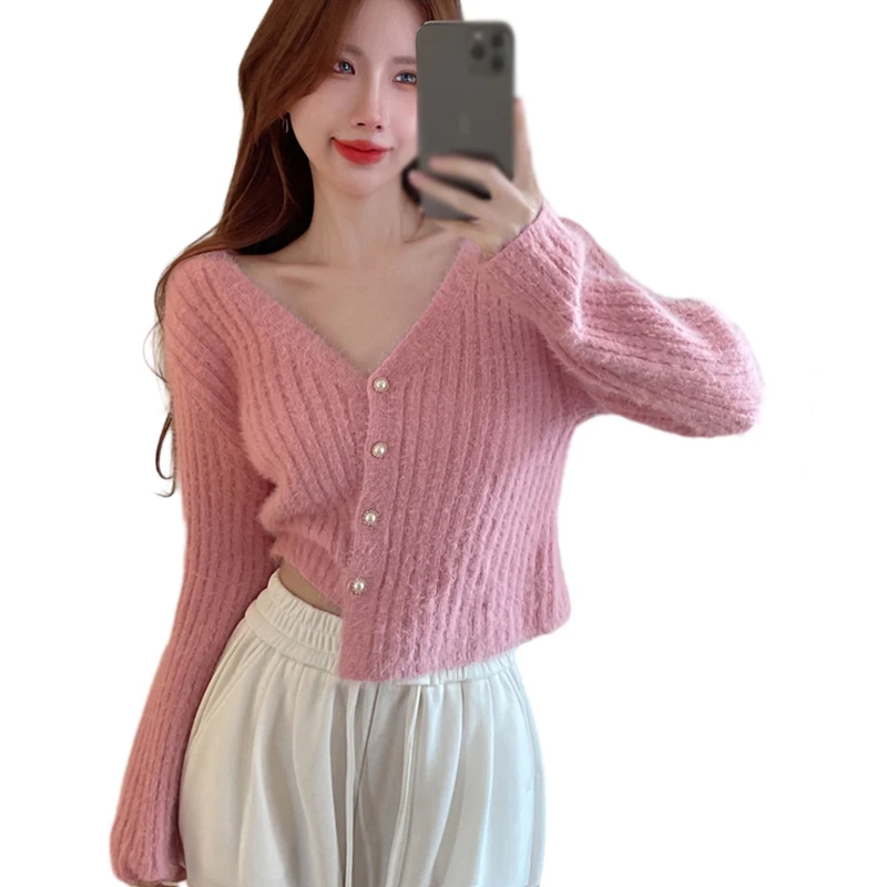 Women Sweater Cardigan Autumn Winter Knitted V-neck Sweet Pearl Button Cropped Sweater Top Ladies Slim Fit Cardigan Tops