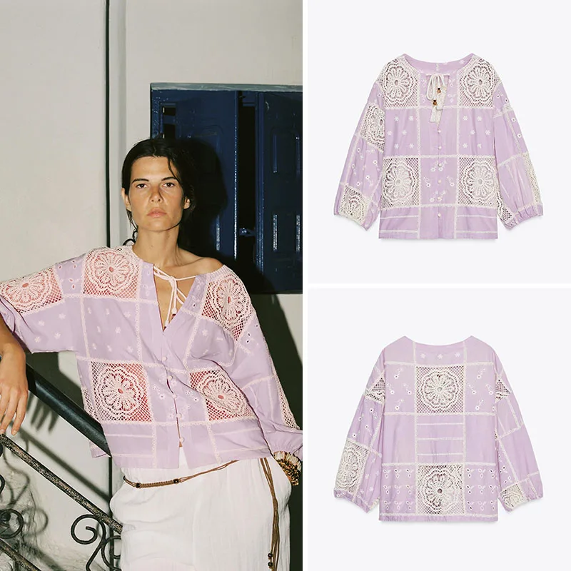 

New Arrival Autumn Women's irt Hollow out Hook Needle Splicing V-Ne ort Sve Faionable Versatile Ladies' Blouse