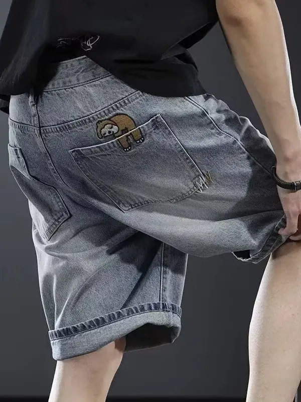 

Retro American Denim orts Loose Straight Thin Summer Casual Mid-Length for Men Faionable Youth Active Daily Wear